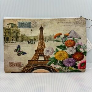 🔵 NWT Paris Themed Floral Beige and Green Pouch